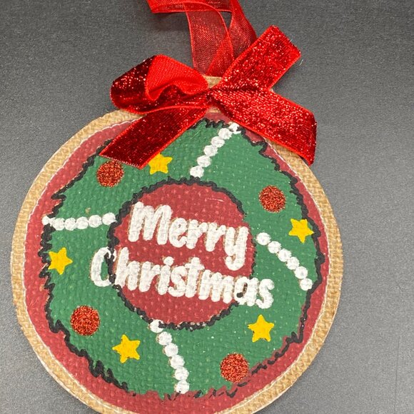 Holiday Time "Merry Christmas" Red Green Burlap Ornaments Set of 4 - Picture 2 of 12